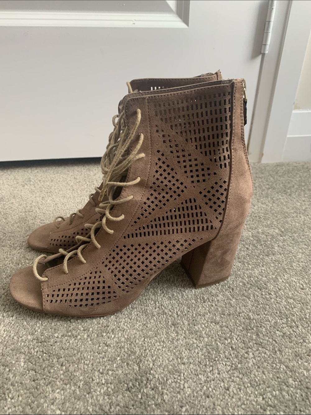 Forever 21 Taupe Lace-Up Perforated Block Heel Ankle Boots
